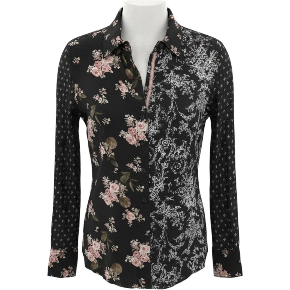Cino Womens Mixed Print Floral Toile Crinkle Button Down Shirt Black/Pink Small